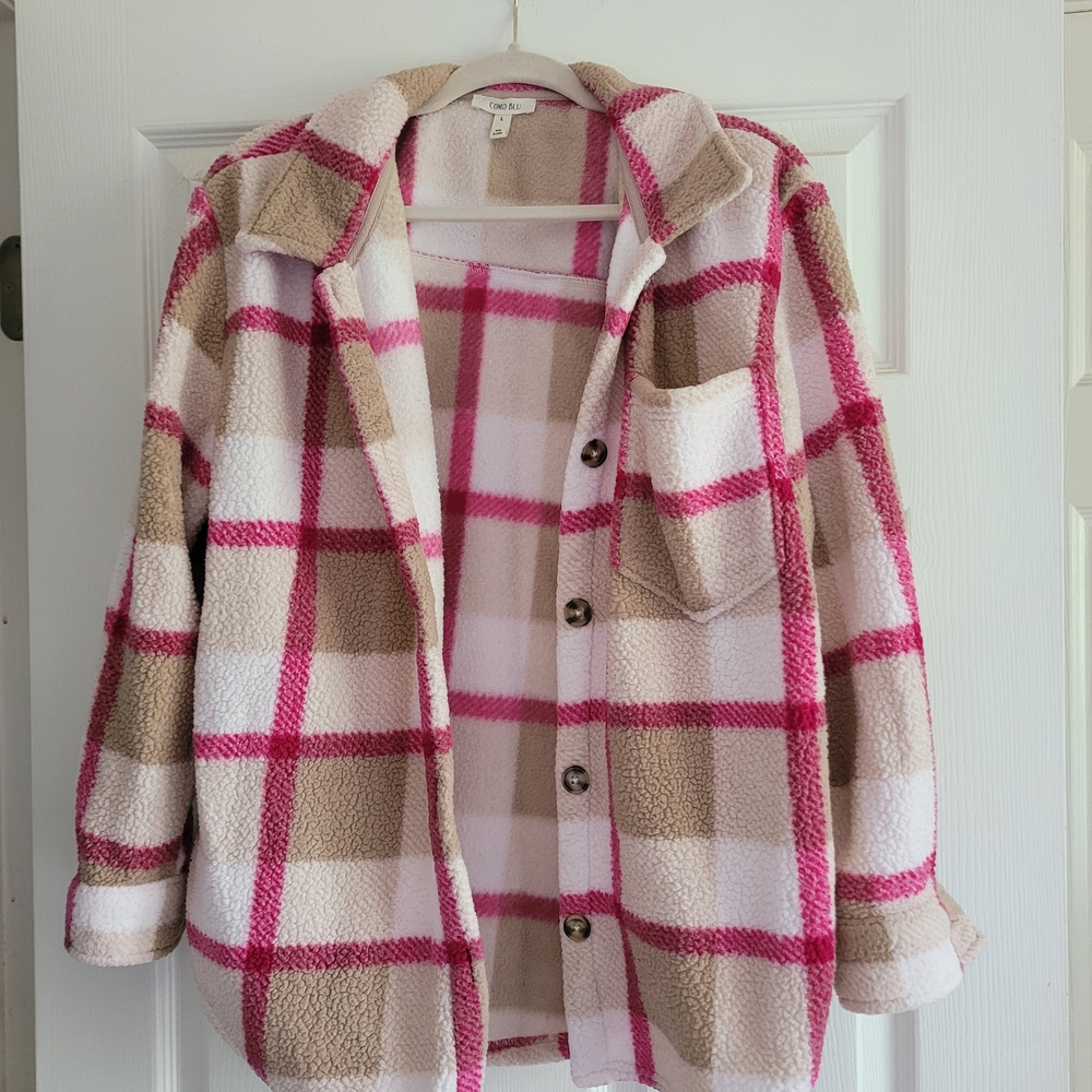 Cozy Plaid Sherpa Shacket in Pink, Beige & White